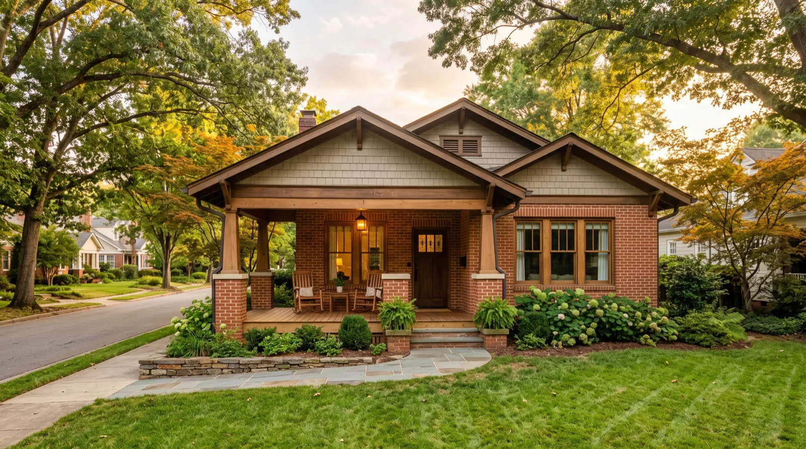 A brick craftsman bungalow on a tree-lined street in the Carolina Piedmont