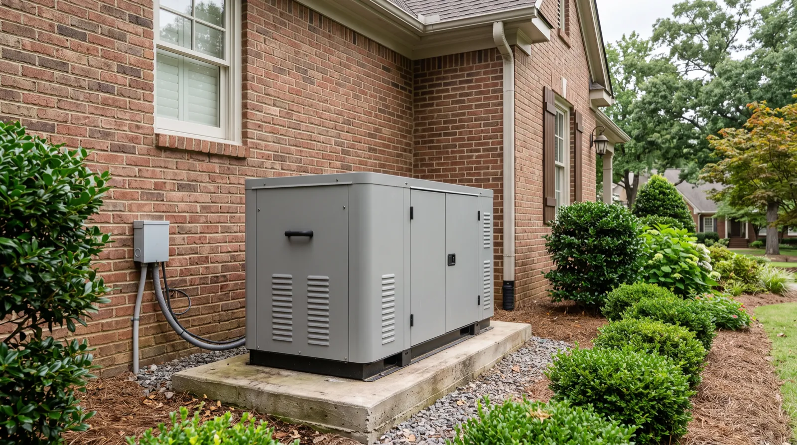 A residential standby generator on a concrete pad beside a brick home