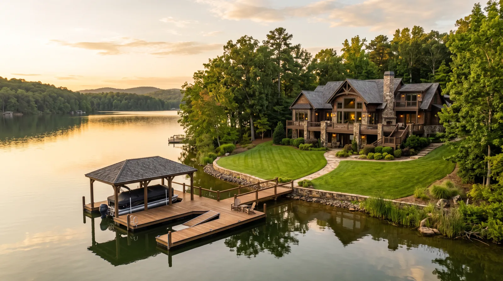 A lakefront home on Lake Norman with a private dock and covered boat lift
