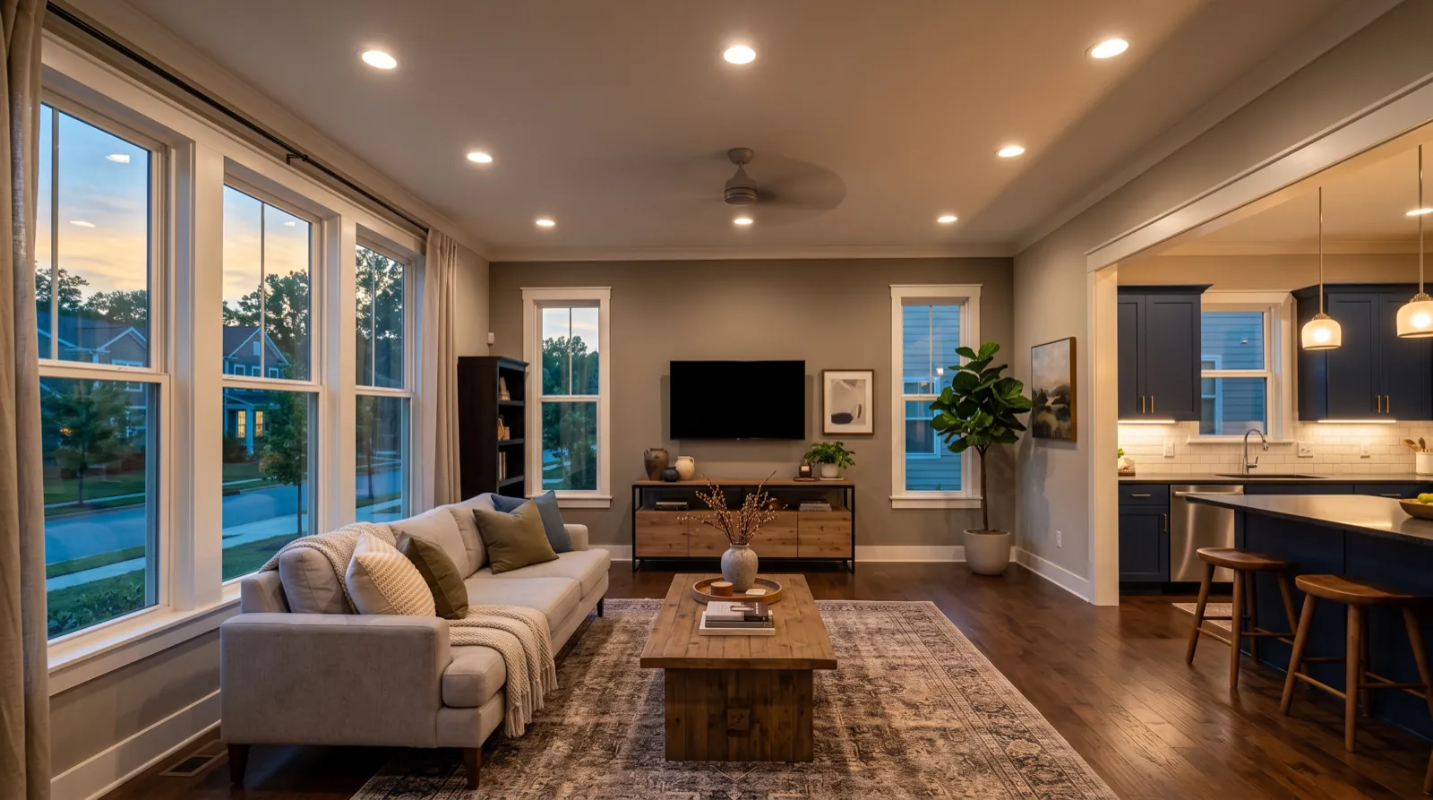 A living room lit by an even grid of recessed LED ceiling lights at dusk