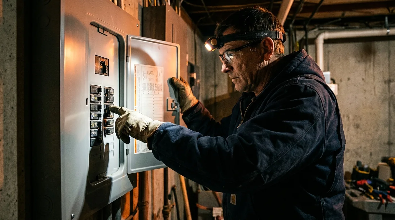 Voltwren electrician inspecting a residential breaker panel
