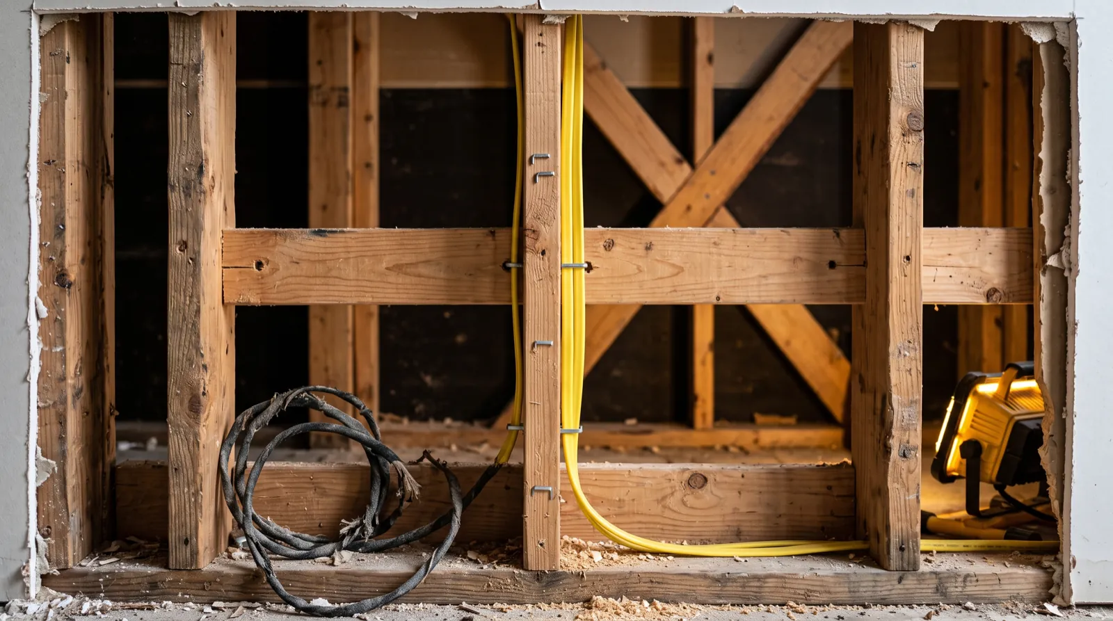 New copper cable routed through wall framing during a home rewire, old cloth-jacketed wiring removed